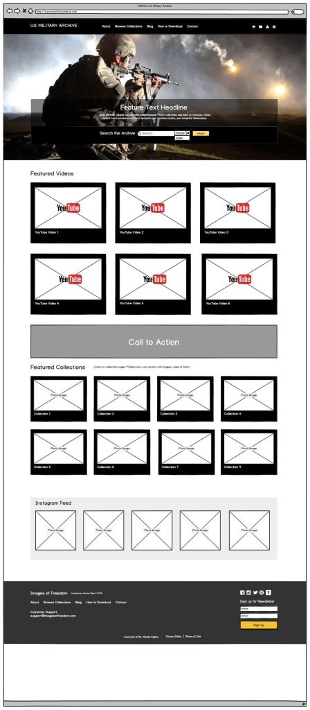 screenshot image of hi-res wireframe of homepage for the Images of Freedom project