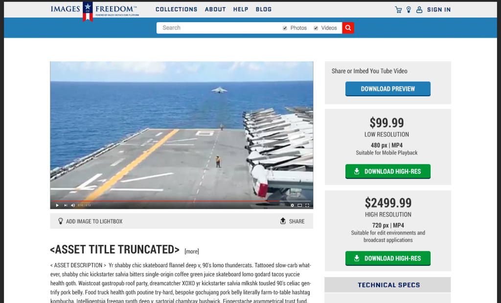 screenshot of final version of Images of Freedom item detail page with purchase options